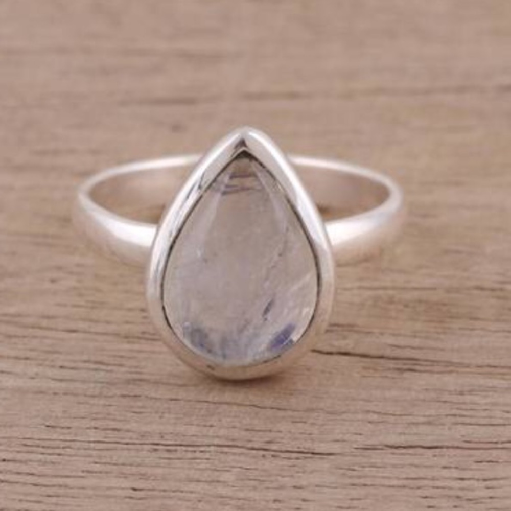SS .925 Teardrop Rainbow Moonstone Ring Size 6